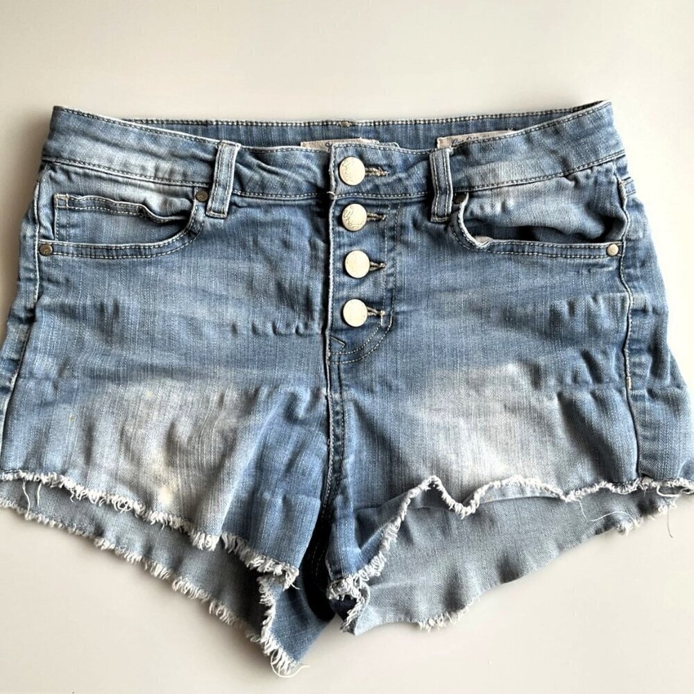 WILD BLUE HIGH RISE BUTTON FLY DISTRESSED CUTOFF JEAN SHORTS STRETCH SIZE 7